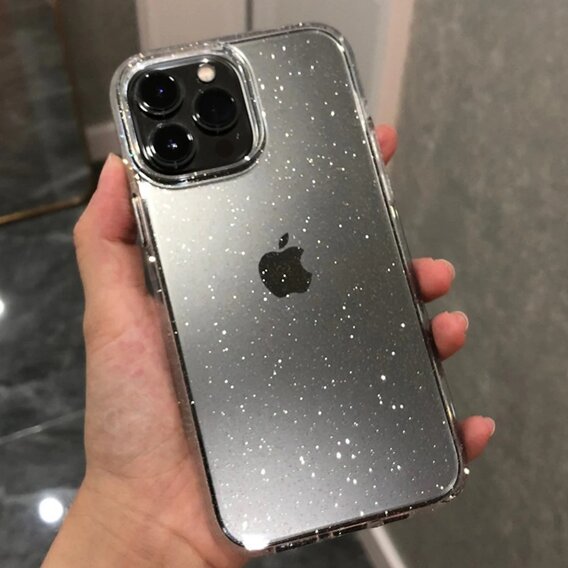 Чохол для iPhone 15 Pro, силіконовий з блискітками, прозорий + скло 9H