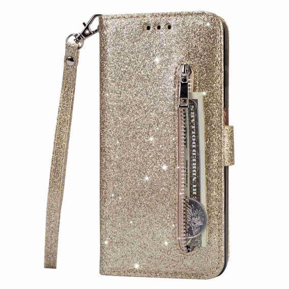 Чохол-книжка для Samsung Galaxy S24, Wallet Zipper Pocket Glittery, золотий