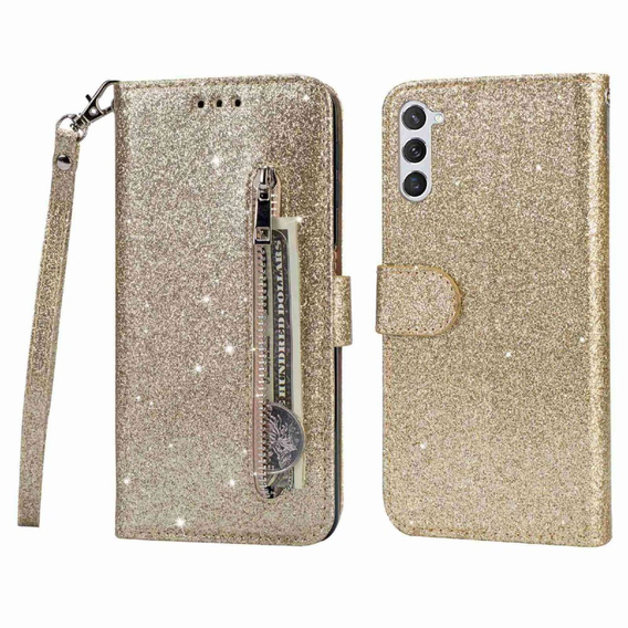 Чохол-книжка для Samsung Galaxy S24, Wallet Zipper Pocket Glittery, золотий