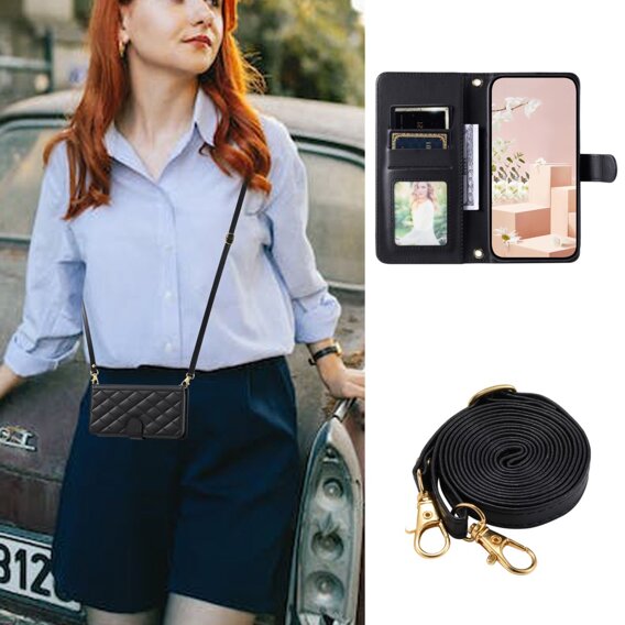 Чохол-сумка для iPhone 16 Plus, Rhombus Crossbody Leather, чорний