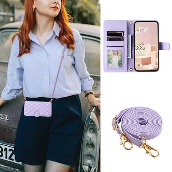 Чохол-сумка для iPhone 16, Rhombus Crossbody Leather, фіолетовий